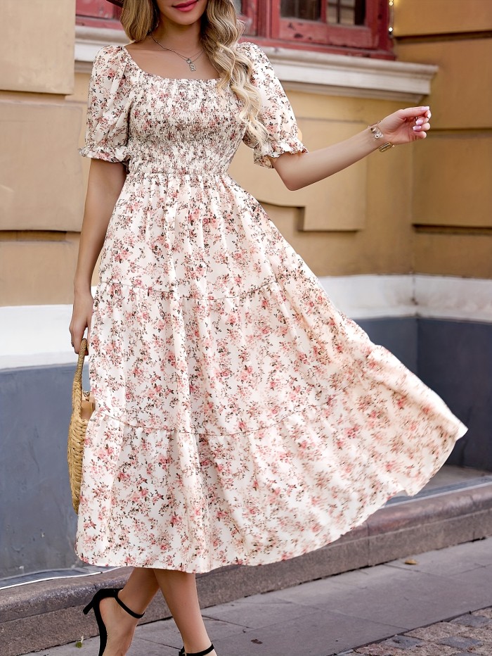 Ditsy Floral Print Ruffle Hem Dress, Elegant Short Sleeve Dress For Spring & Summer, Women's Clothing