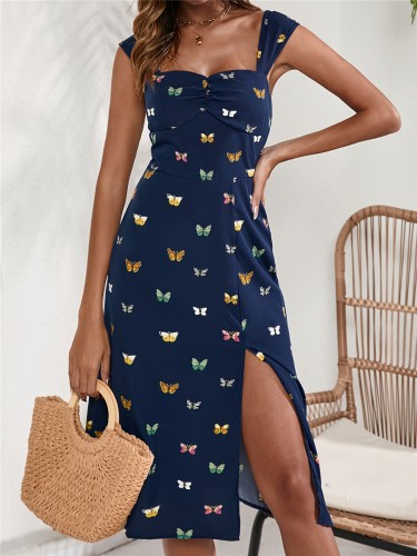 Butterfly Print Spaghetti Strap Dress, Casual Split Thigh Ruched Bust Backless Cami Dress, Women's Clothing