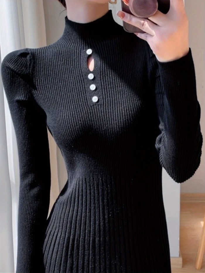 Button Decor Keyhole Ribbed Dress, Elegant Long Sleeve Mock Neck A-line Knit Dress, Women's Clothing