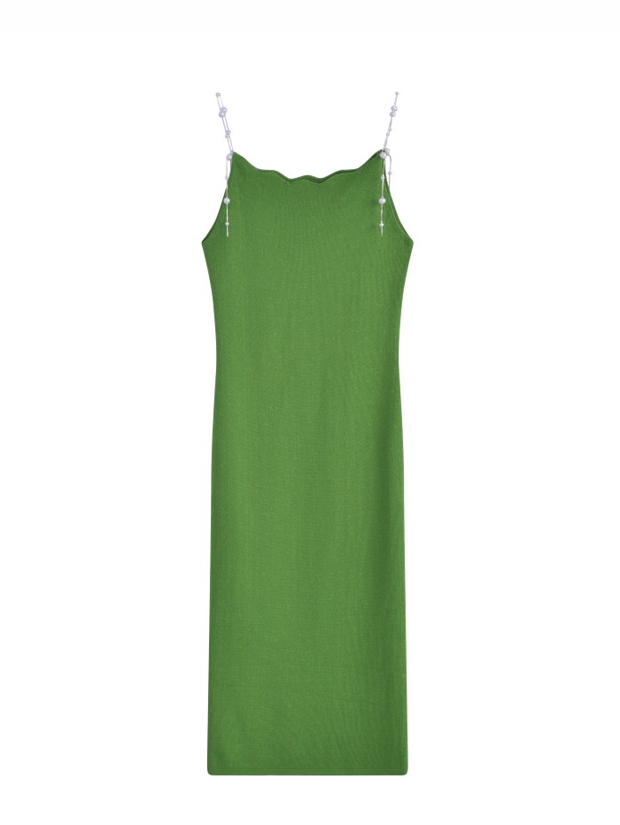 Solid Beaded Strap Cami Dress, Elegant Bodycon Sleeveless Dress, Women's Clothing