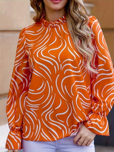 Allover Print Mock Neck Blouse, Casual Long Sleeve Blouse For Spring & Fall, Women's Clothing