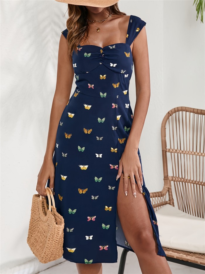 Butterfly Print Spaghetti Strap Dress, Casual Split Thigh Ruched Bust Backless Cami Dress, Women's Clothing