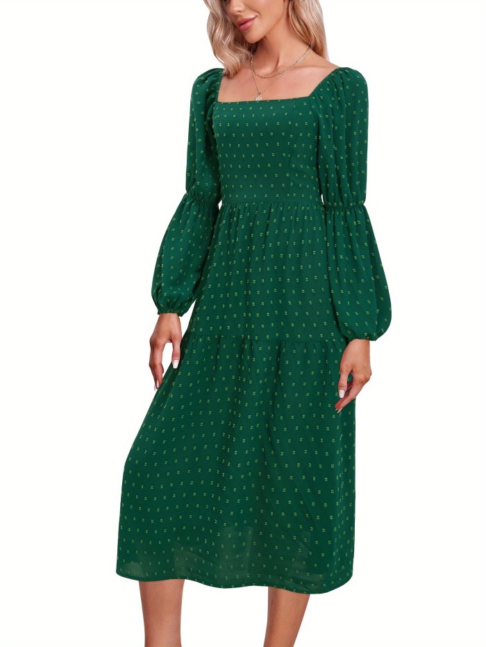 Solid Off-shoulder A-line Dress, Casual Lantern Sleeve Dress For Spring & Fall, Women's Clothing