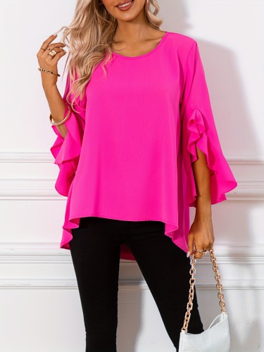 Solid Crew Neck Blouse, Casual Ruffle Sleeve Blouse For Spring & Fall, Women's Clothing