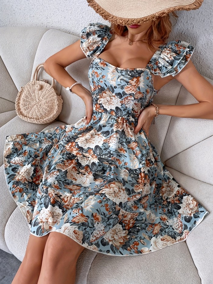 Floral Print Square Neck Dress, Casual Ruffle Sleeve Dress For Spring & Summer, Women's Clothing