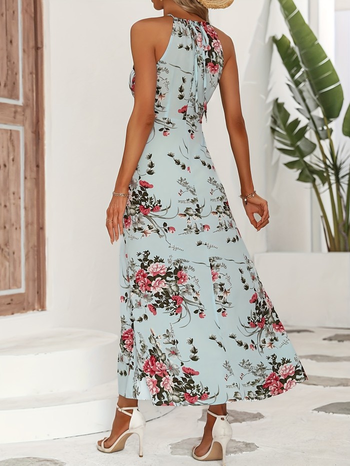 Floral Print Halter Split Dress, Vacation Style Sleeveless Dress For Spring & Summer, Women's Clothing