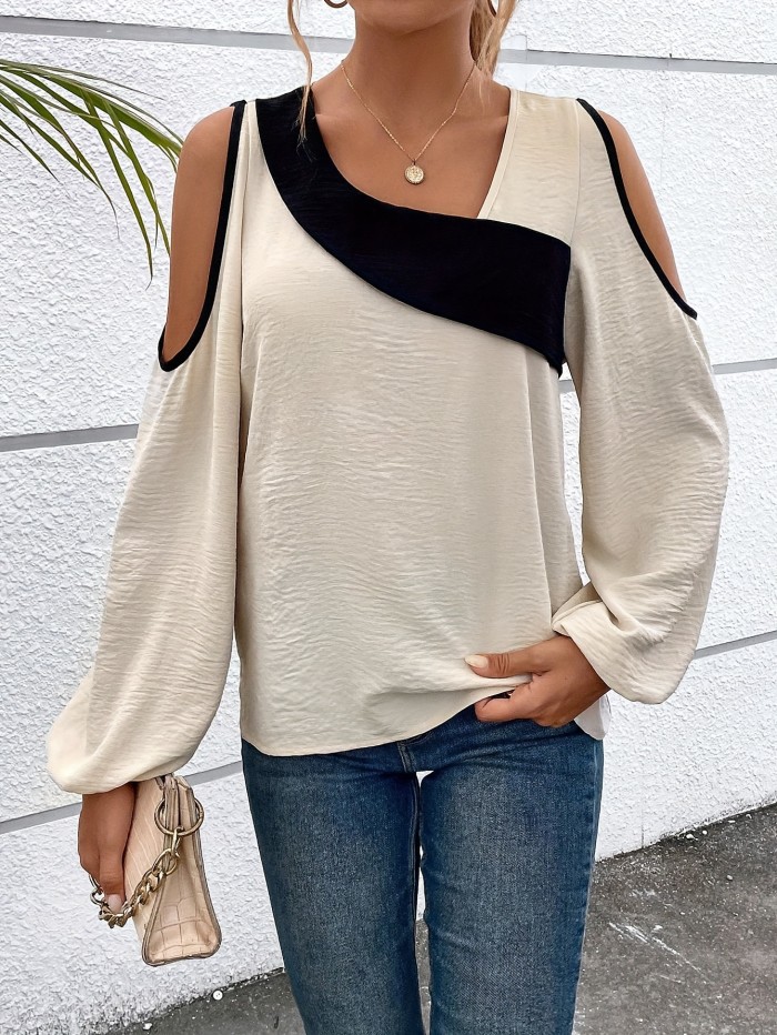 Color Block Cold Shoulder Blouse, Casual Long Sleeve Top, Women's Clothing