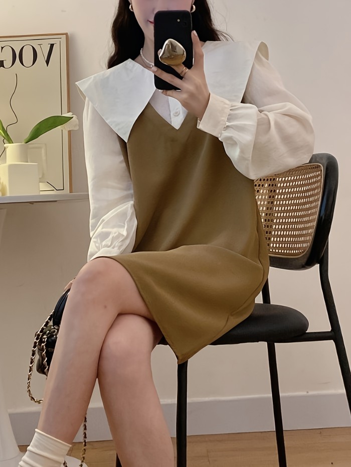 Colorblock 2 In 1 Contrast Collar Dress, Casual Long Sleeve Dress, Women's Clothing