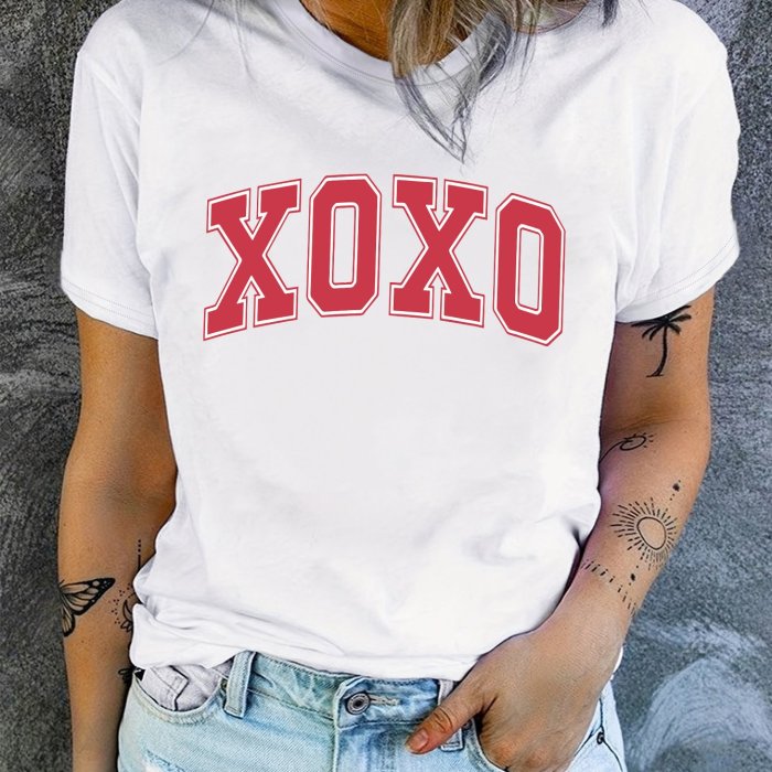 Valentine's Day Letter Print T-shirt, Short Sleeve Crew Neck Casual Top For Summer & Spring, Women's Clothing