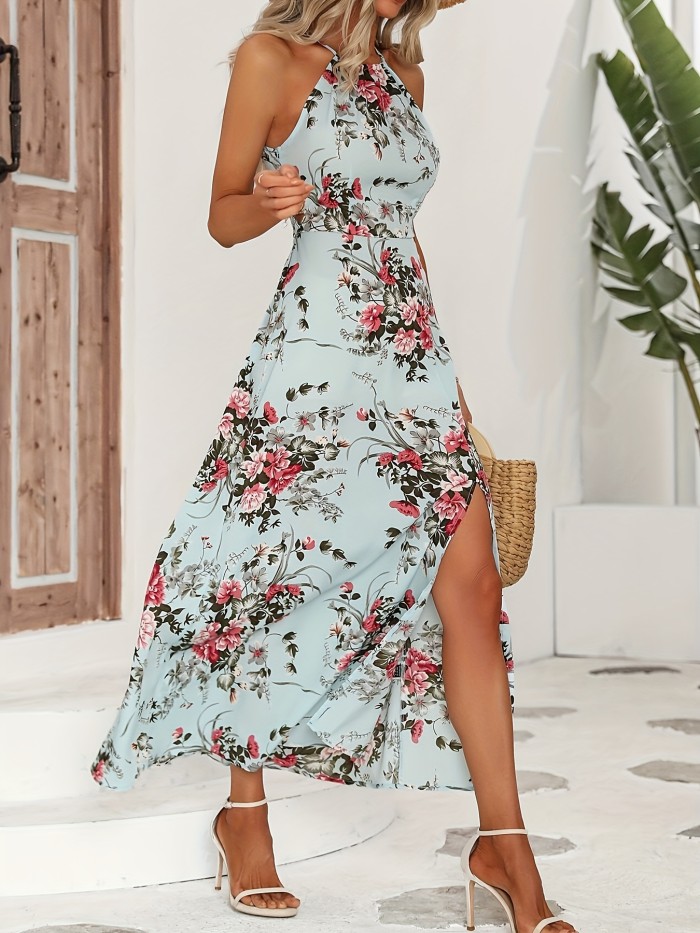 Floral Print Halter Split Dress, Vacation Style Sleeveless Dress For Spring & Summer, Women's Clothing