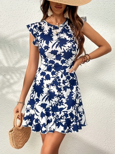 Floral Print Flutter Sleeve Dress, Elegant Crew Neck Dress For Summer & Spring, Women's Clothing