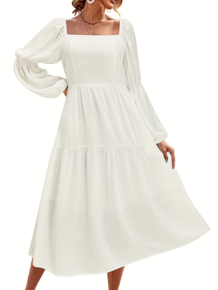 Solid Off-shoulder A-line Dress, Casual Lantern Sleeve Dress For Spring & Fall, Women's Clothing