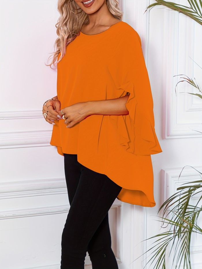 Solid Crew Neck Blouse, Casual Ruffle Sleeve Blouse For Spring & Fall, Women's Clothing