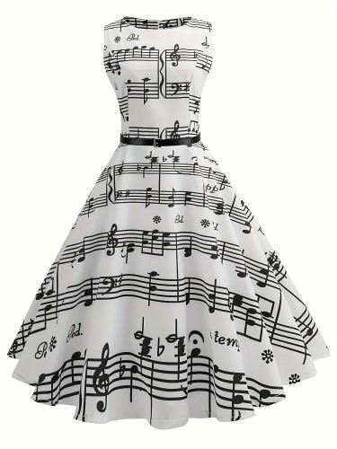Music Note Print Crew Neck Tank Dress, Vintage Ruffle Hem Swing Aline Dress For Spring & Summer, Women's Clothing