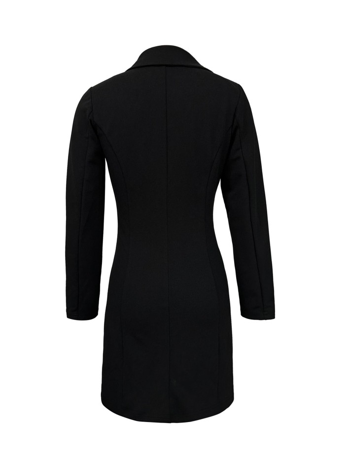 Solid Single Breasted Lapel Dress, Elegant Long Sleeve Slim Dress For Spring & Fall, Women's Clothing