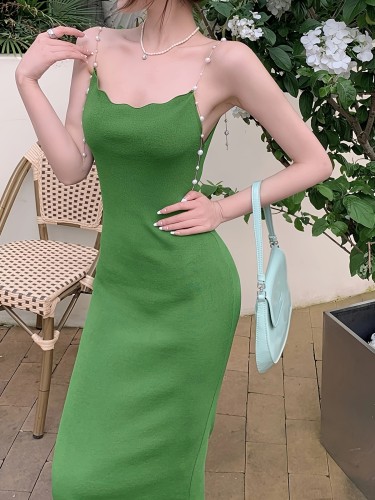 Solid Beaded Strap Cami Dress, Elegant Bodycon Sleeveless Dress, Women's Clothing