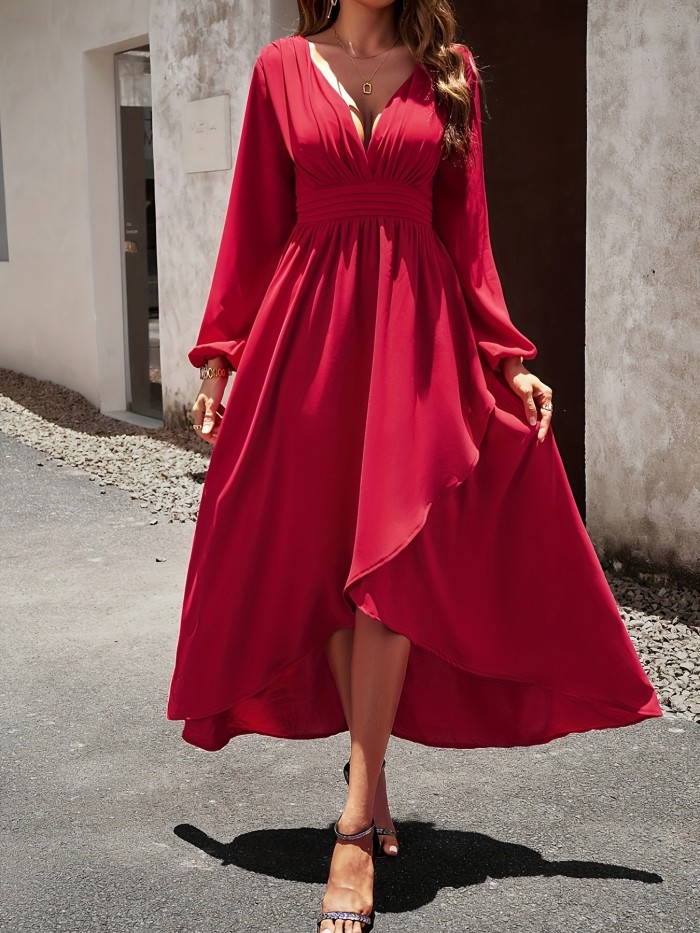 Tie Back High Waist Dress, Party Wear V Neck Solid Long Sleeve Dress, Women's Clothing