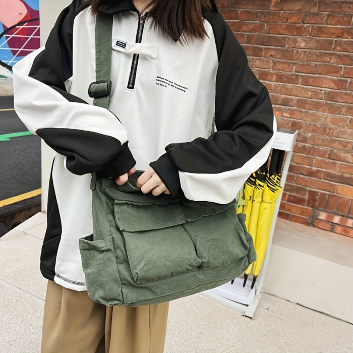 Multi-pocket Canvas Crossbody Bag, Retro Solid Color Messenger Bag, Large Capacity Travel Shoulder Bag
