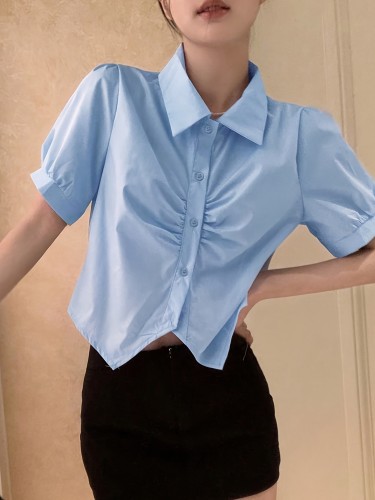 Solid Button Front Ruched Crop Shirt, Casual Short Sleeve Irregular Shirt For Spring & Summer, Women's Clothing