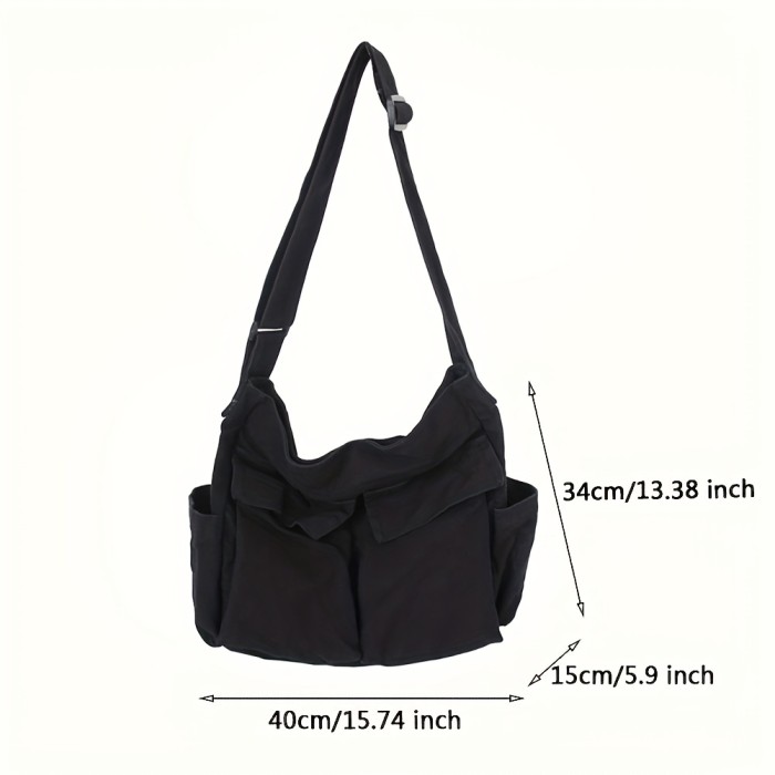 Canvas Messenger Bag, Large Crossbody Bag With Multiple Pockets, Trendy Shoulder Bag For School