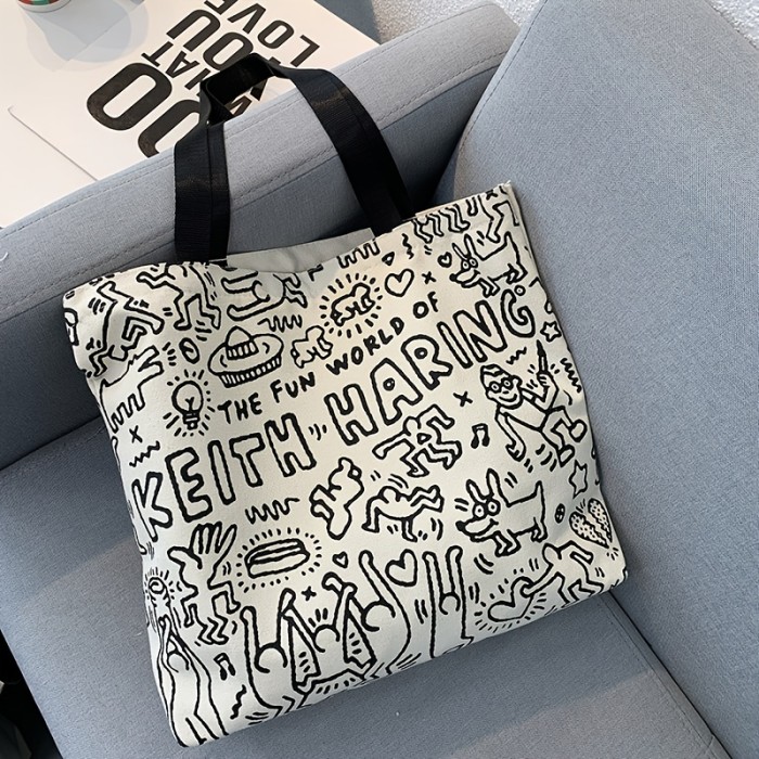Graffiti Print Large Capacity Canvas Tote Bag, Casual Lightweight Daily Use Durable Shoulder Bag, Shopping Bags, Beach Travel Bag,