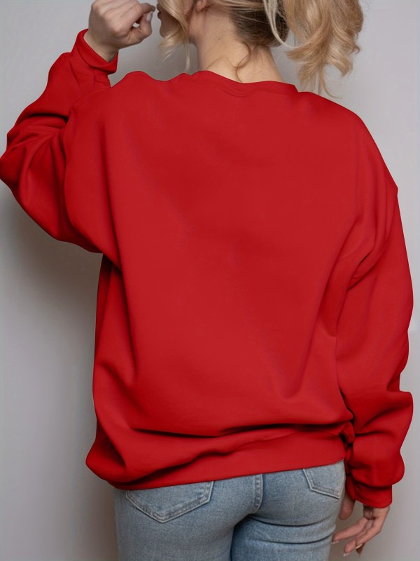 Heart Print Pullover Sweatshirt, Casual Long Sleeve Crew Neck Sweatshirt For Valentine's Day, Women's Clothing