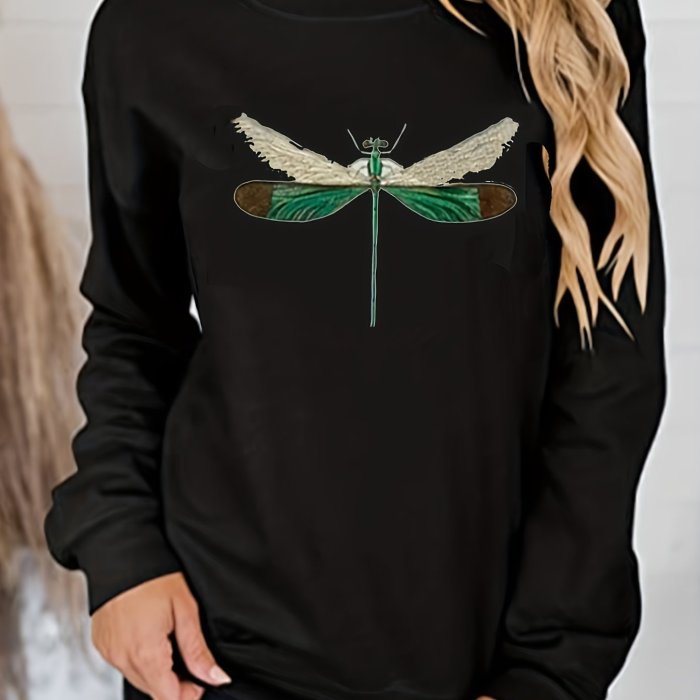 Dragonfly Print Sweatshirt, Casual Long Sleeve Crew Neck Sweatshirt For Spring & Fall, Women's Clothing
