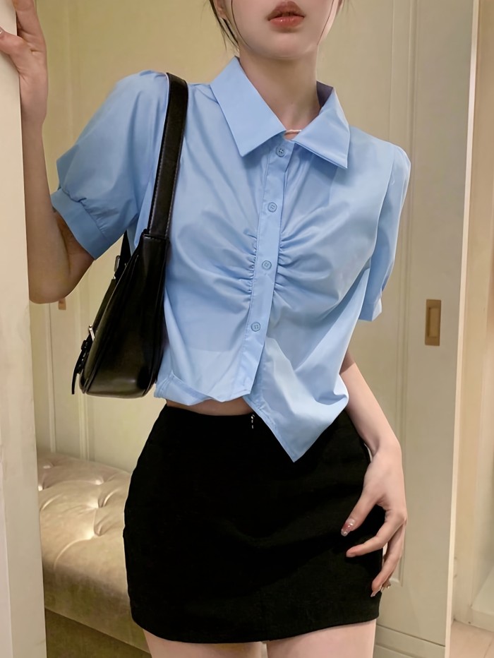Solid Button Front Ruched Crop Shirt, Casual Short Sleeve Irregular Shirt For Spring & Summer, Women's Clothing