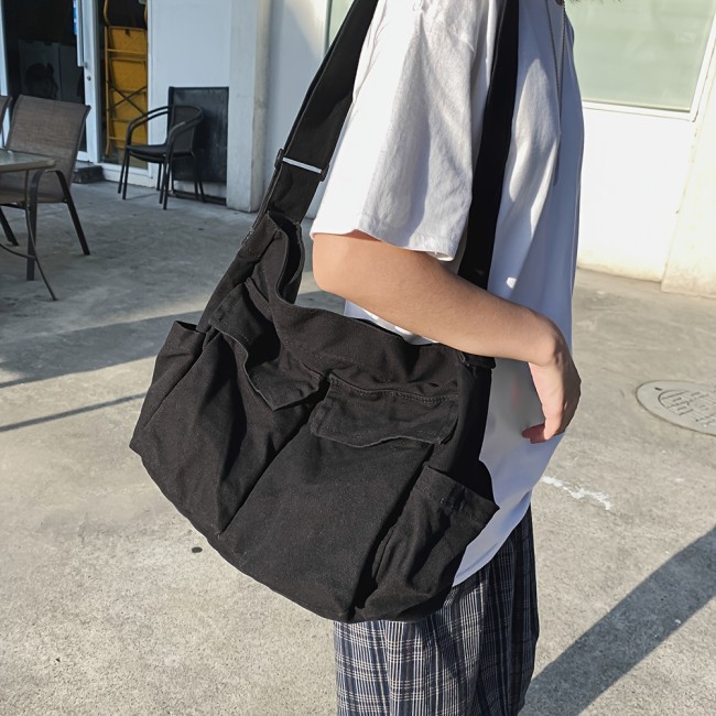 Canvas Messenger Bag, Large Crossbody Bag With Multiple Pockets, Trendy Shoulder Bag For School