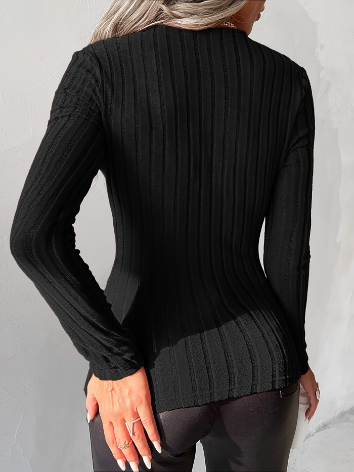 Ribbed Twist Front V Neck T-Shirt, Casual Long Sleeve Top For Spring & Fall, Women's Clothing