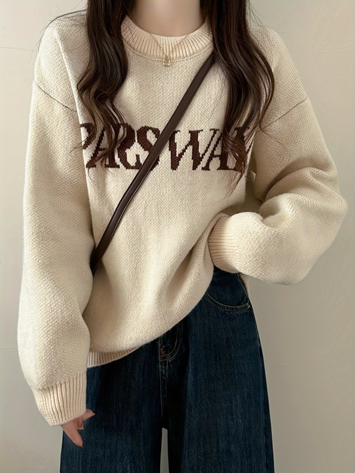 Letter Pattern Crew Neck Pullover Sweater, Casual Long Sleeve Drop Shoulder Sweater, Women's Clothing