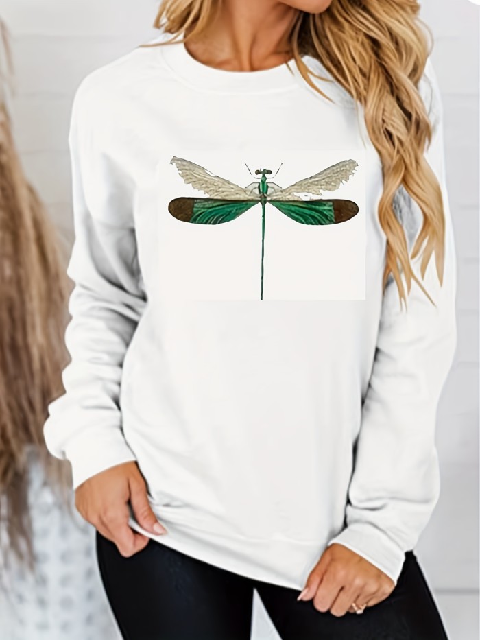 Dragonfly Print Sweatshirt, Casual Long Sleeve Crew Neck Sweatshirt For Spring & Fall, Women's Clothing