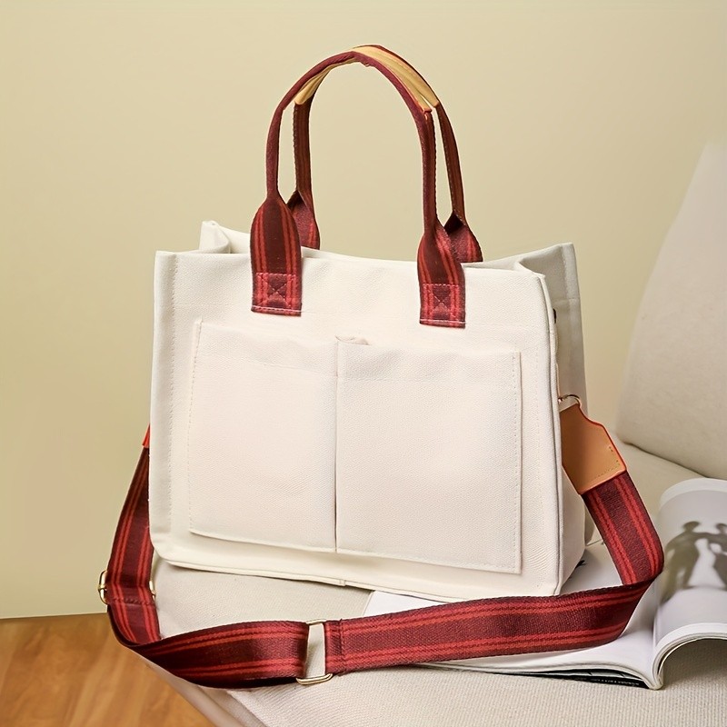 Multi Pockets Canvas Tote Bag, Large Capacity Crossbody Bag, Portable Shoulder Bag For School Travel Work