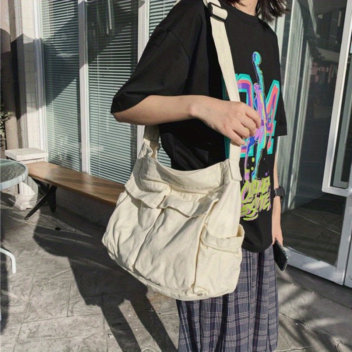 Multi-pocket Canvas Crossbody Bag, Retro Solid Color Messenger Bag, Large Capacity Travel Shoulder Bag