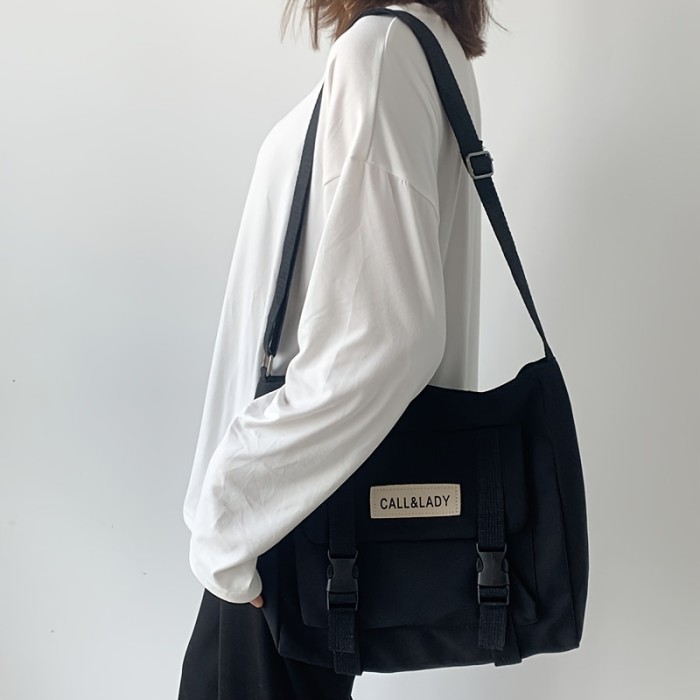 Retro Folding Waterproof Nylon Bag, Trendy Letter Patched Crossbody Bag, Women's Adjustable Straps Shoulder Bag
