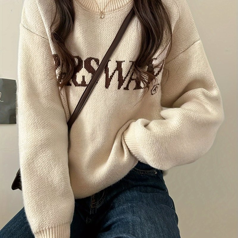 Letter Pattern Crew Neck Pullover Sweater, Casual Long Sleeve Drop Shoulder Sweater, Women's Clothing