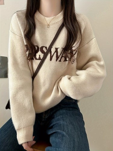 Letter Pattern Crew Neck Pullover Sweater, Casual Long Sleeve Drop Shoulder Sweater, Women's Clothing