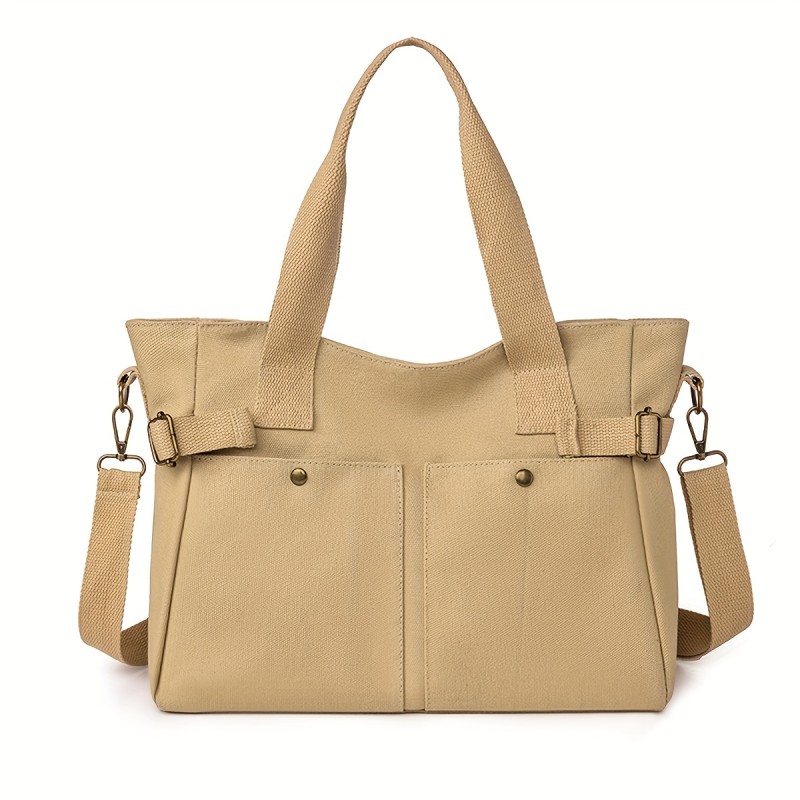 Multi Pockets Canvas Tote Bag, Large Capacity Shoulder Bag, Casual Crossbody Bag For School Travel Work