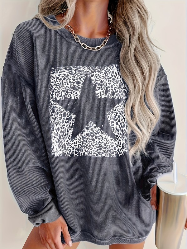 Star Print Drop Shoulder Pullover Sweatshirt, Casual Long Sleeve Crew Neck Sweatshirt For Fall & Winter, Women's Clothing
