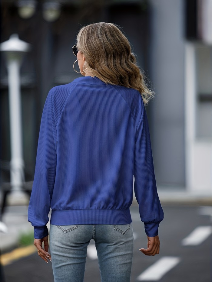 Women's Lapel Loose Zip Up Knit Sweatshirts, Solid Color Zipper Front Jacket, Women's Clothing