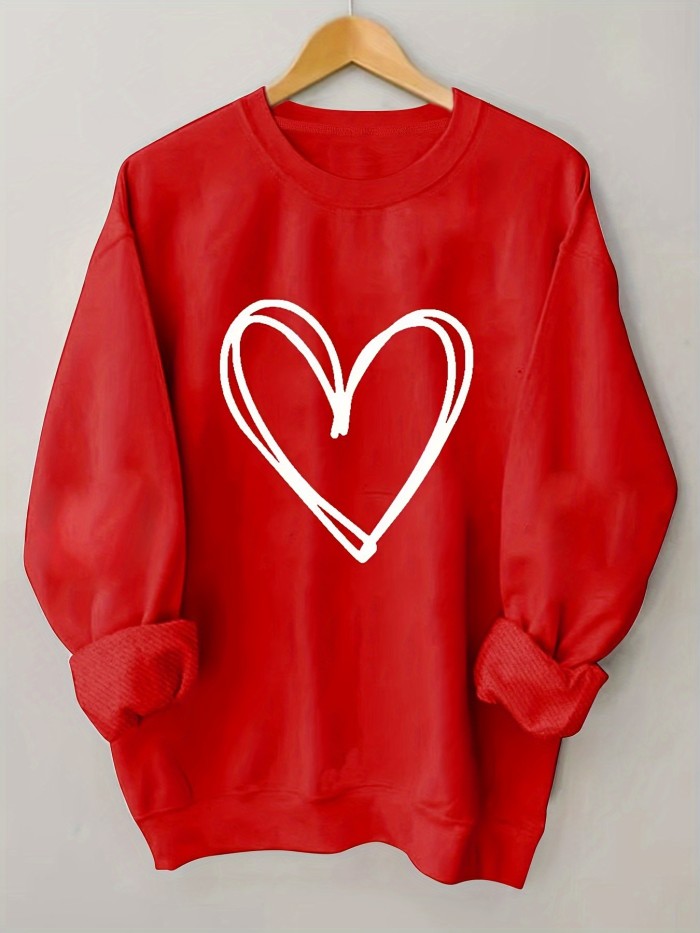 Heart Print Pullover Sweatshirt, Casual Long Sleeve Crew Neck Sweatshirt For Valentine's Day, Women's Clothing