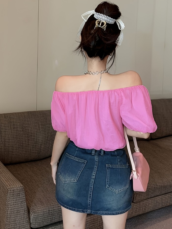Solid Off Shoulder Blouse, Casual Short Sleeve Top For Spring & Summer, Women's Clothing