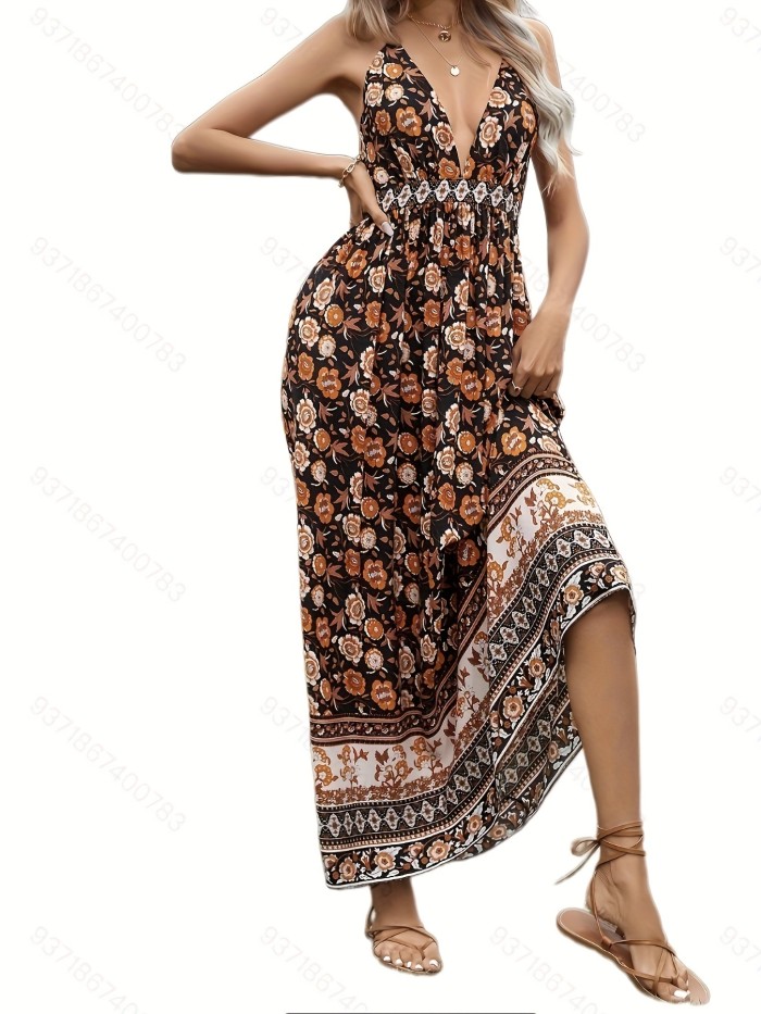 Floral Print Backless Dress, Boho Plunging Sleeveless Maxi Dress, Women's Clothing