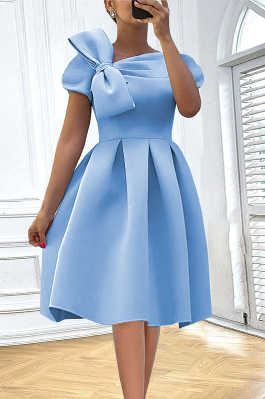 Casual Solid Patchwork With Bow Oblique Collar A Line Short Sleeve Dress