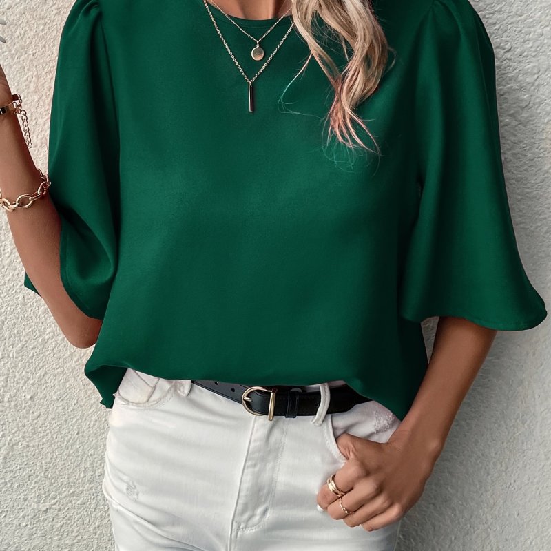 Solid Color Crew Neck Blouse, Casual Half Sleeve Blouse For Spring & Summer, Women's Clothing