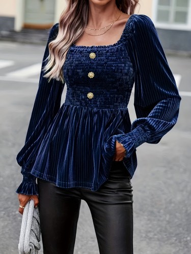 Square Neck Solid Blouse, Casual Long Sleeve Blouse For Spring & Fall, Women's Clothing