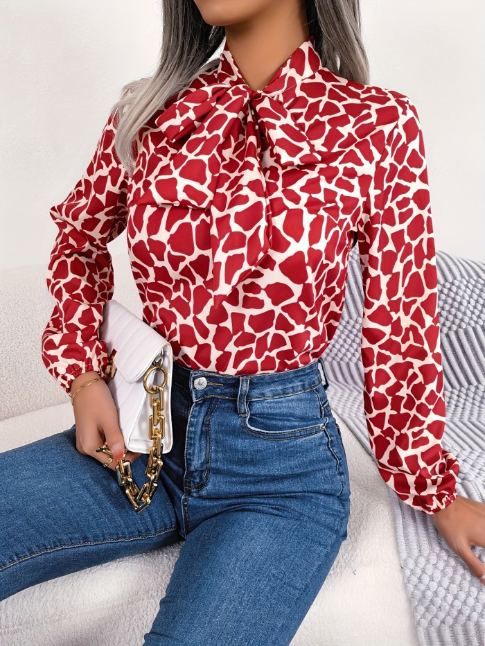 Giraffe Print Tie-neck Blouse, Casual Long Sleeve Blouse For Spring & Fall, Women's Clothing
