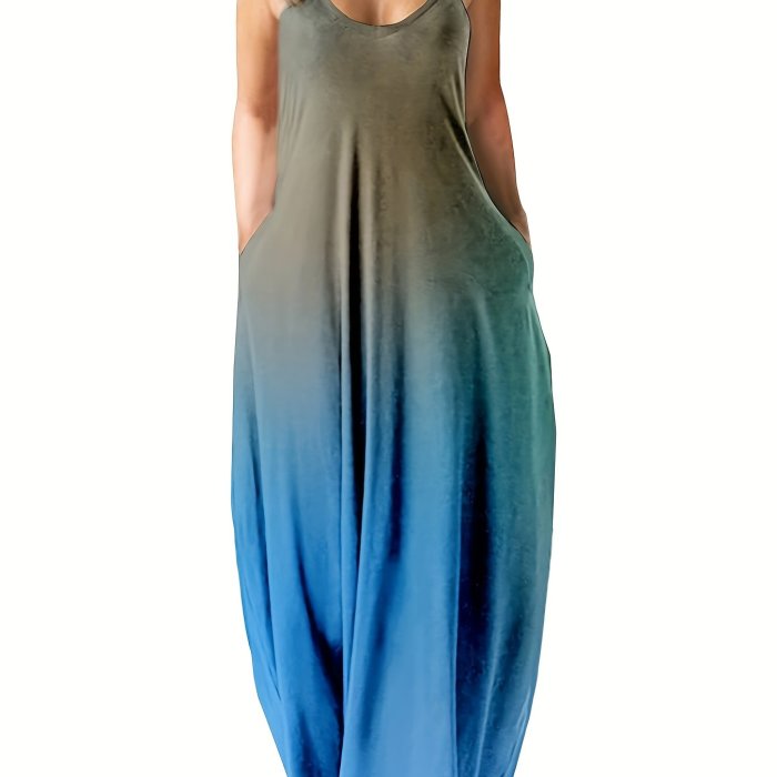 Plus Size Sexy Boho Dress, Women's Plus Ombre Print V Neck Medium Stretch Cami Maxi Dress
