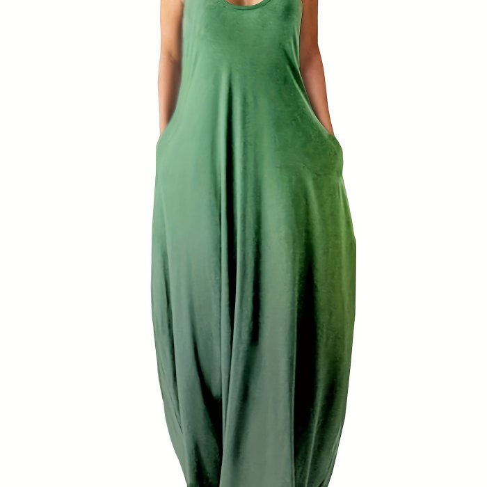 Plus Size Sexy Boho Dress, Women's Plus Ombre Print V Neck Medium Stretch Cami Maxi Dress