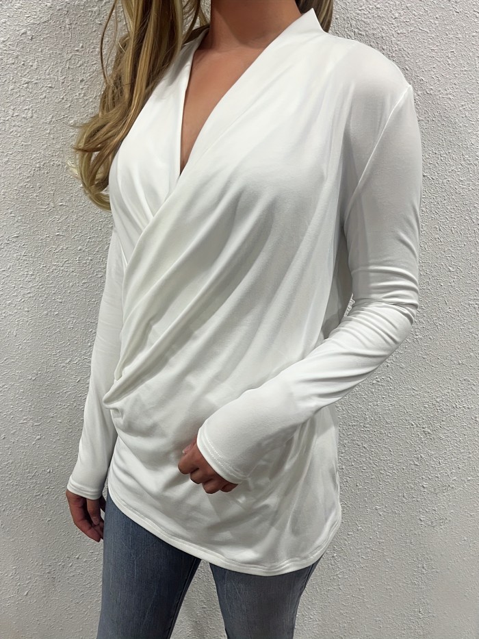 Solid Color Surplice Neck T-Shirt, Casual Long Sleeve T-Shirt For Spring & Fall, Women's Clothing